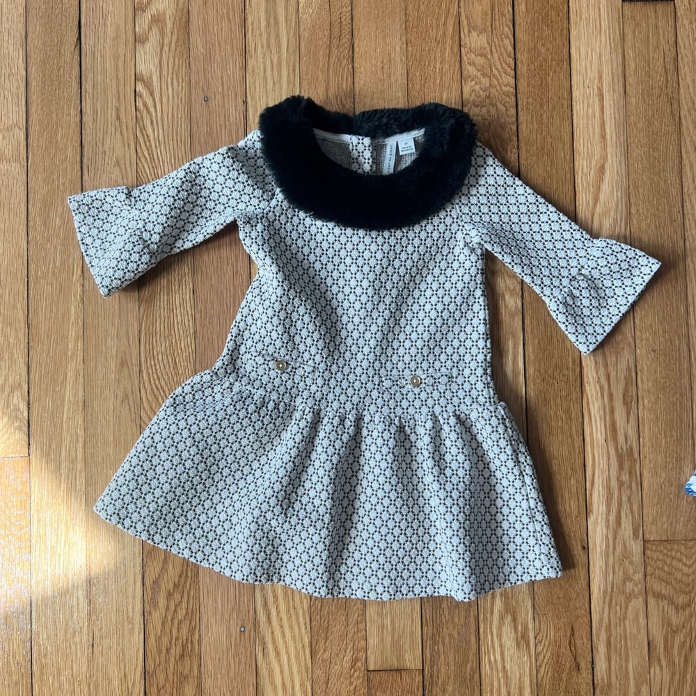Size 2T Janie and Jack Black and White Dress with Black Fur Collar